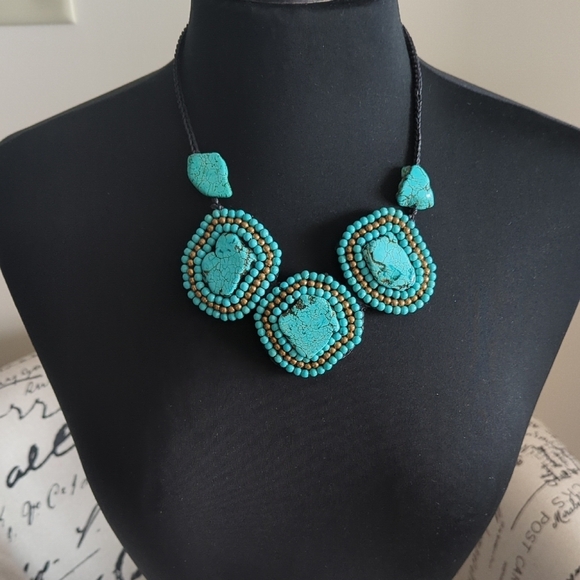 Handcrafted Turquoise and Beaded Statement Necklace Bold Bright Boho - Picture 3 of 11